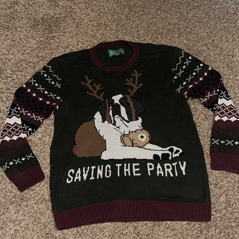 Ugly Christmas Sweater Big Dog “Saving the Party” Sweater - Picture 1 of 5